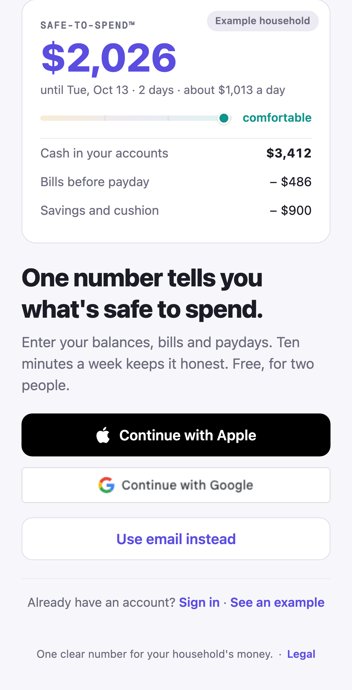 Amppfy iPhone app, the Welcome screen: One number tells you what's safe to spend, with Sign in and See an example