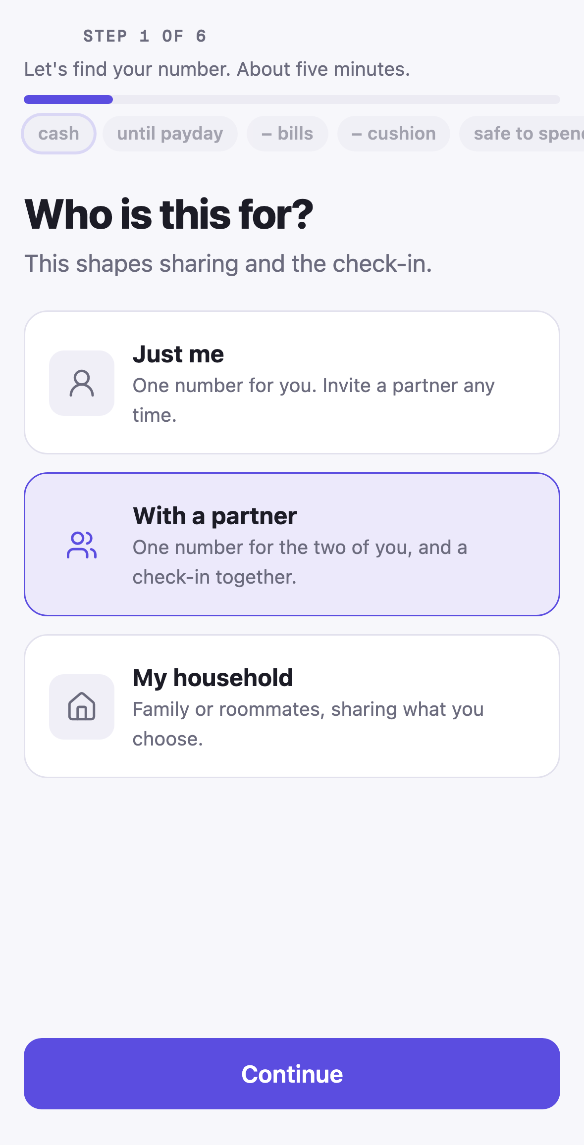 Amppfy iPhone app, onboarding step 1: Just me, With a partner or My household, with With a partner chosen