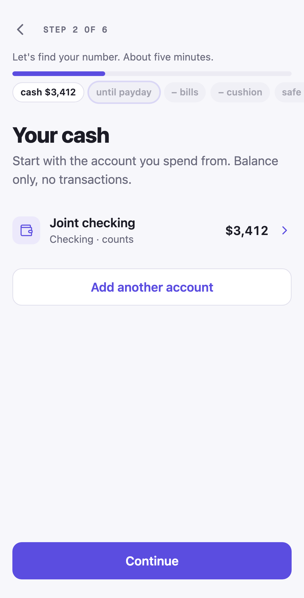 Amppfy iPhone app, onboarding step 2, Your cash: a Joint checking account at $3,412 and the running receipt strip