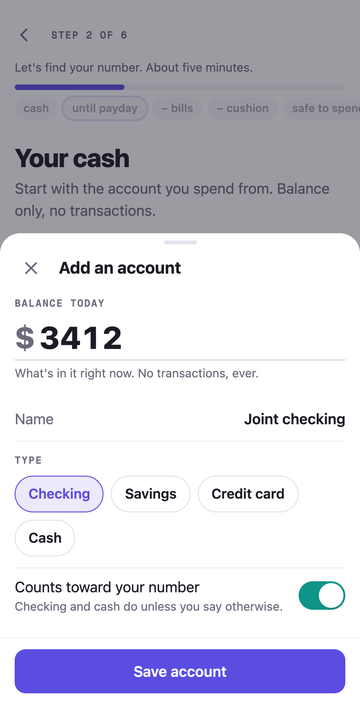 Amppfy iPhone app, onboarding: the account sheet with the balance $3,412 and the name Joint checking