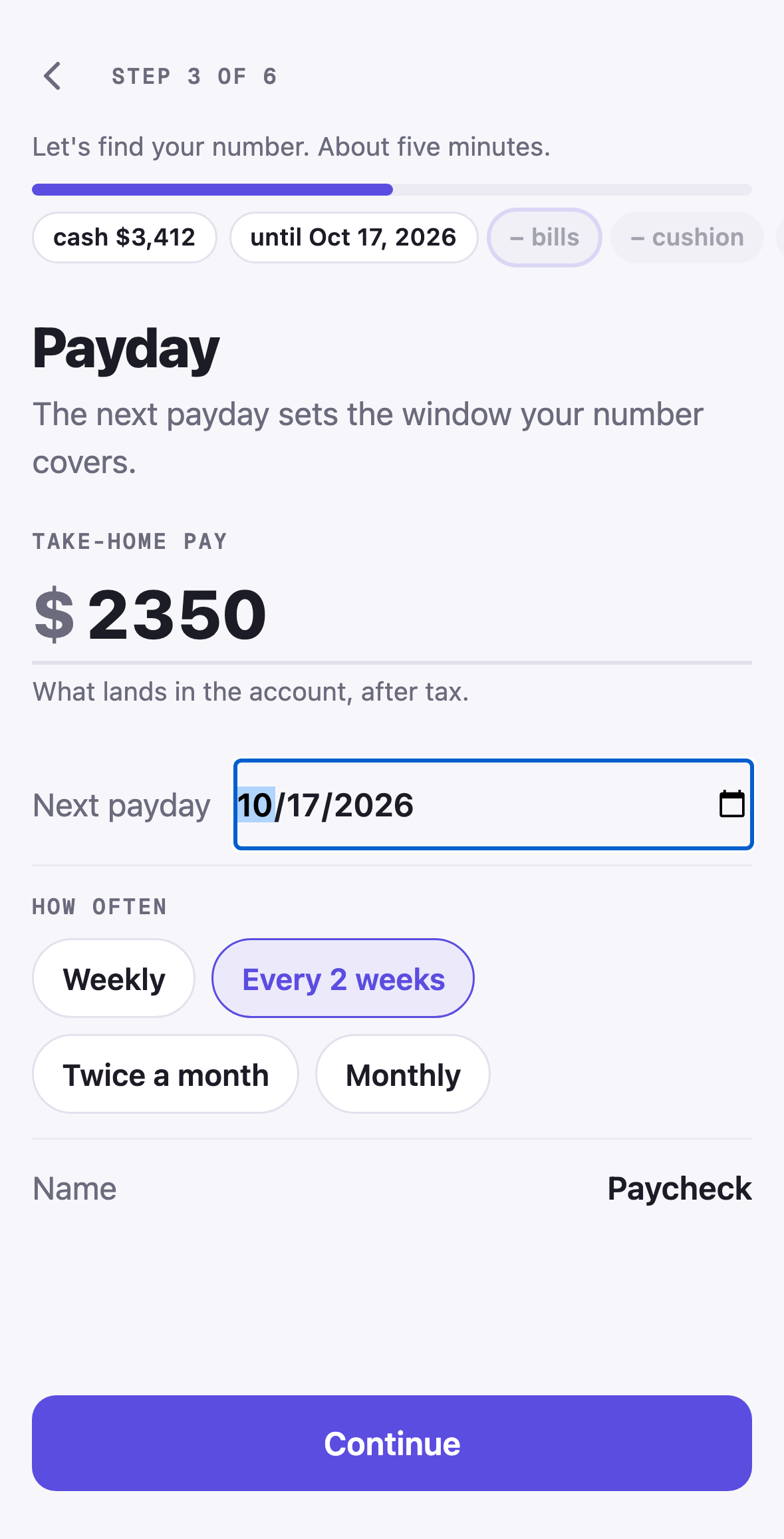 Amppfy iPhone app, onboarding step 3: take-home pay $2,350 and the next payday