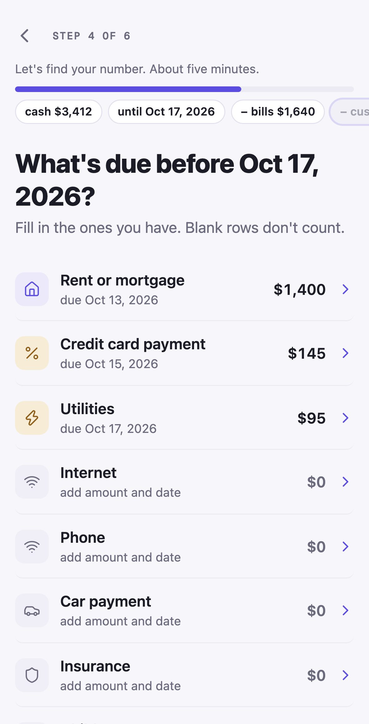 Amppfy iPhone app, onboarding step 4, What's due before payday: rent $1,400, a credit card $145 and utilities $95