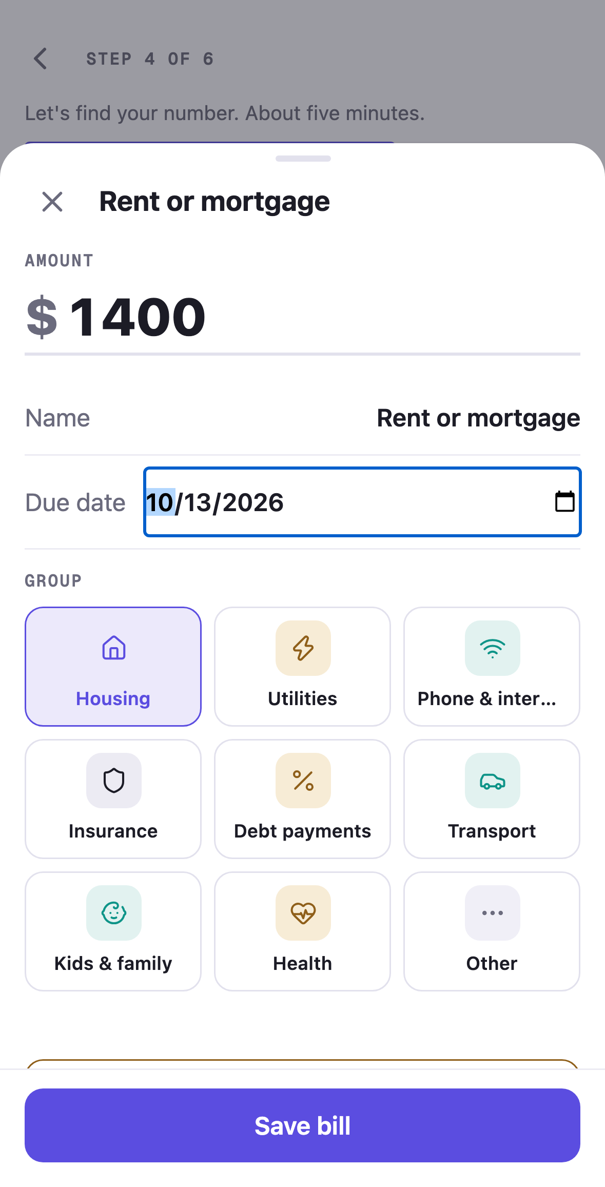 Amppfy iPhone app, onboarding: the bill sheet with the amount, name, due date and group