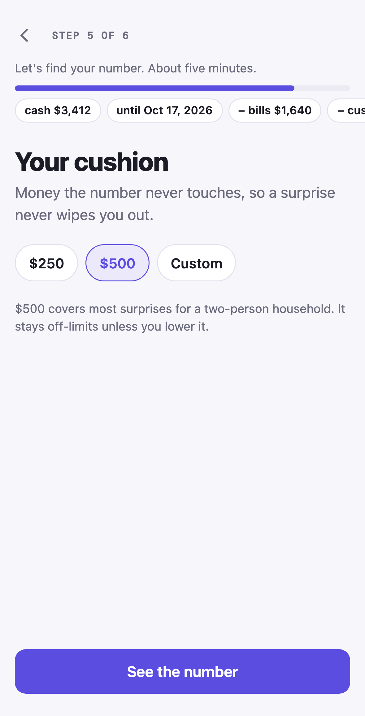 Amppfy iPhone app, onboarding step 5: choosing a $500 safety cushion