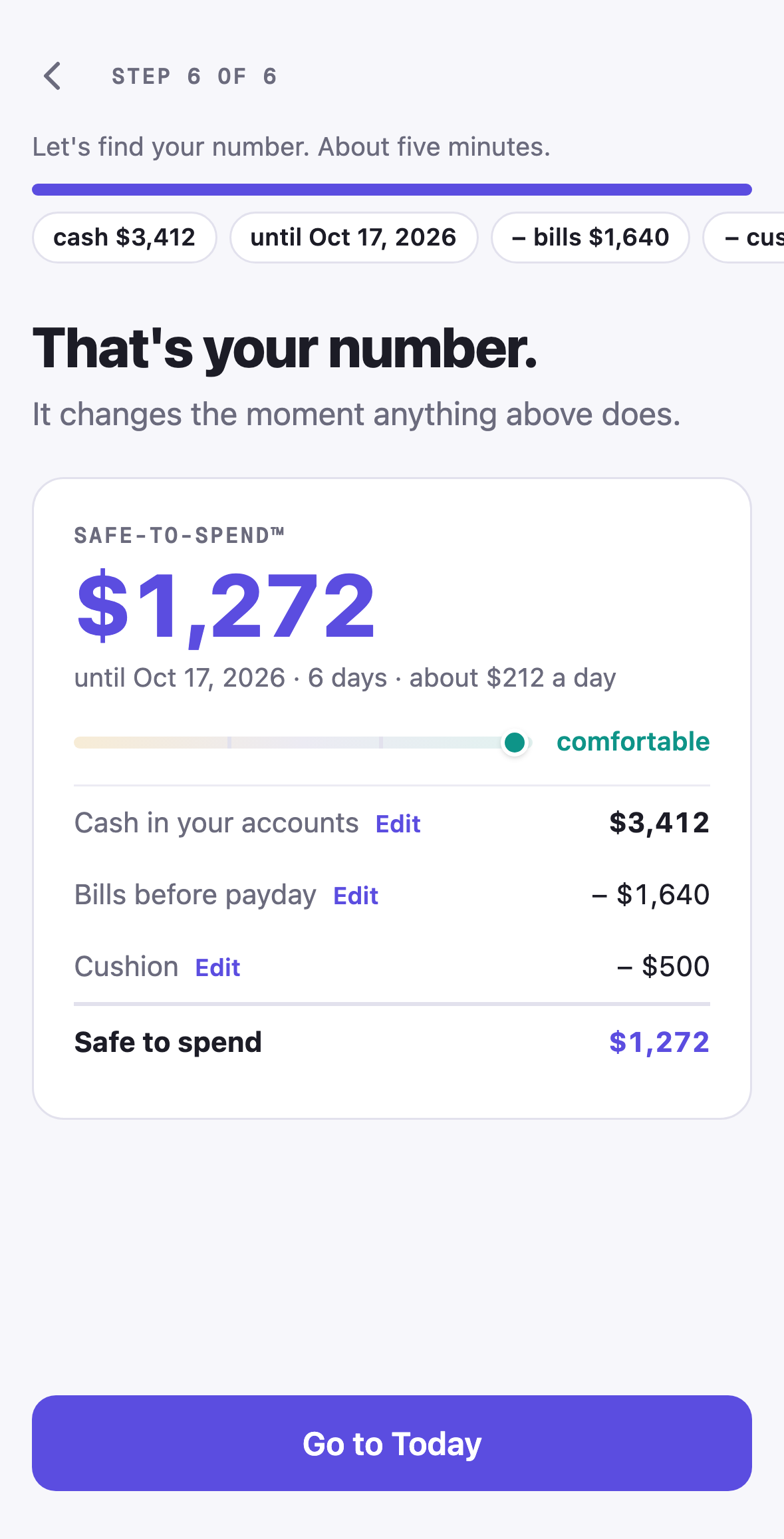 Amppfy iPhone app, onboarding reveal: That's your number, $1,272 safe to spend, with Go to Today