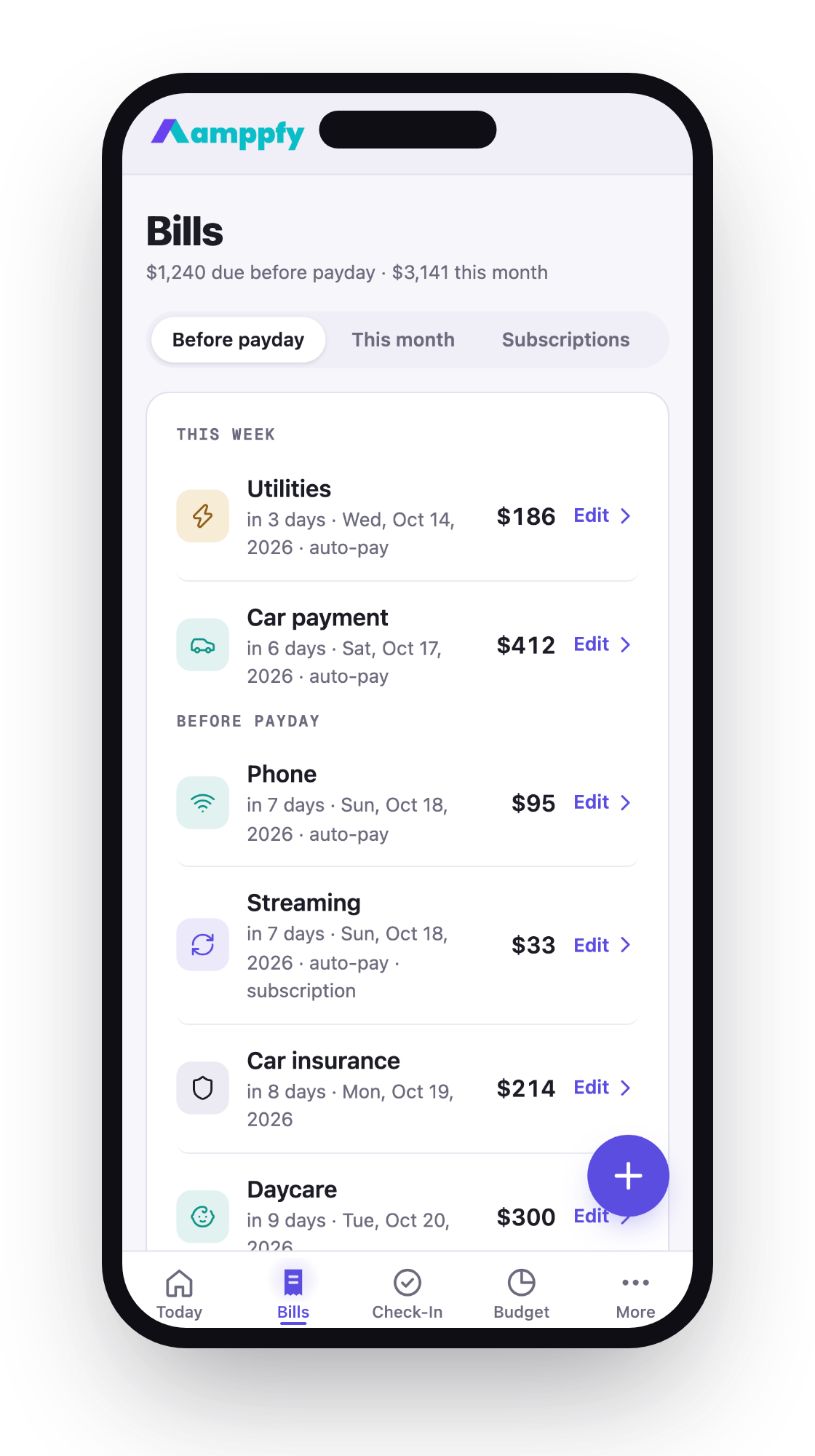 Amppfy iPhone app, the Bills screen with the Before payday, This month and Subscriptions tabs and Edit on each bill row