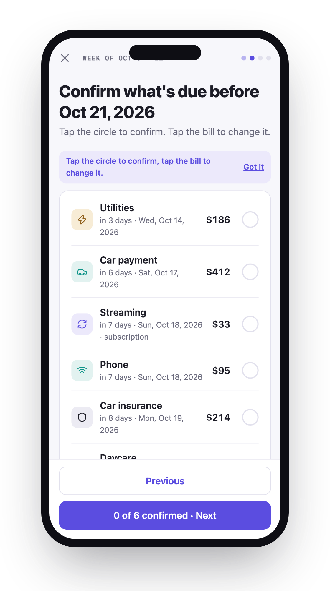 Amppfy iPhone app, the weekly check-in at Confirm what's due before Oct 21: tap the circle to confirm, tap the bill to change it