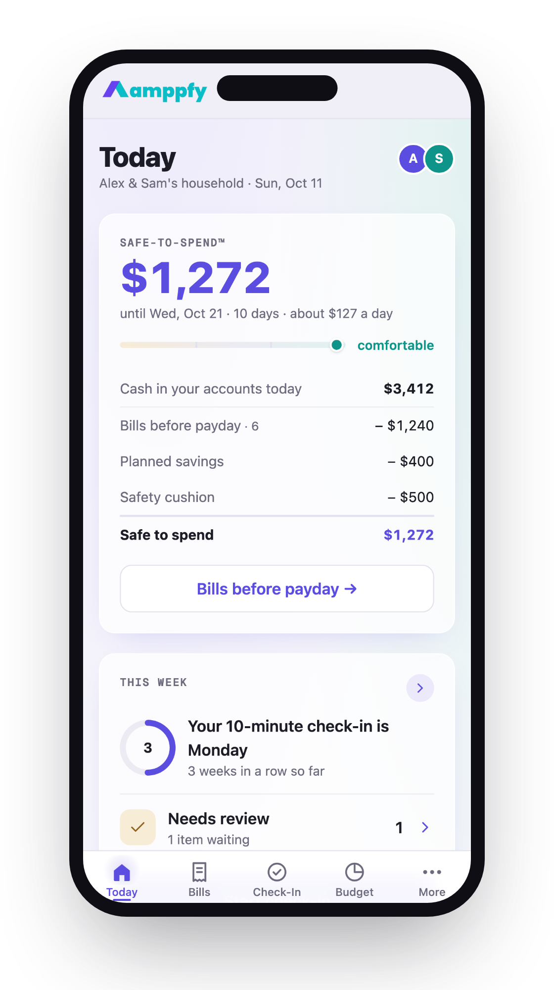Amppfy on iPhone — one clear number with the status scale and the math under it
