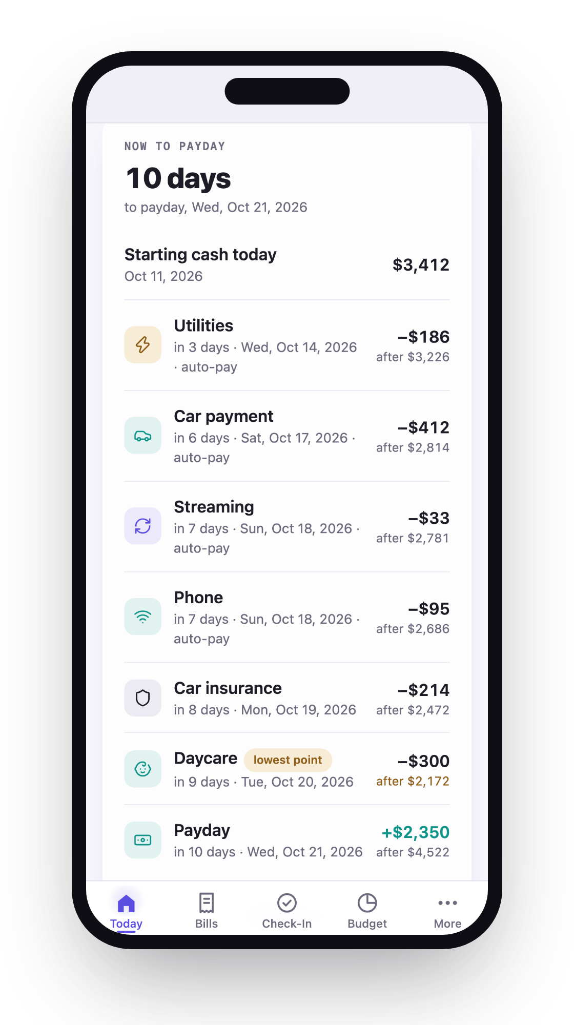 Now to payday on iPhone — your balance after each bill, lowest point flagged