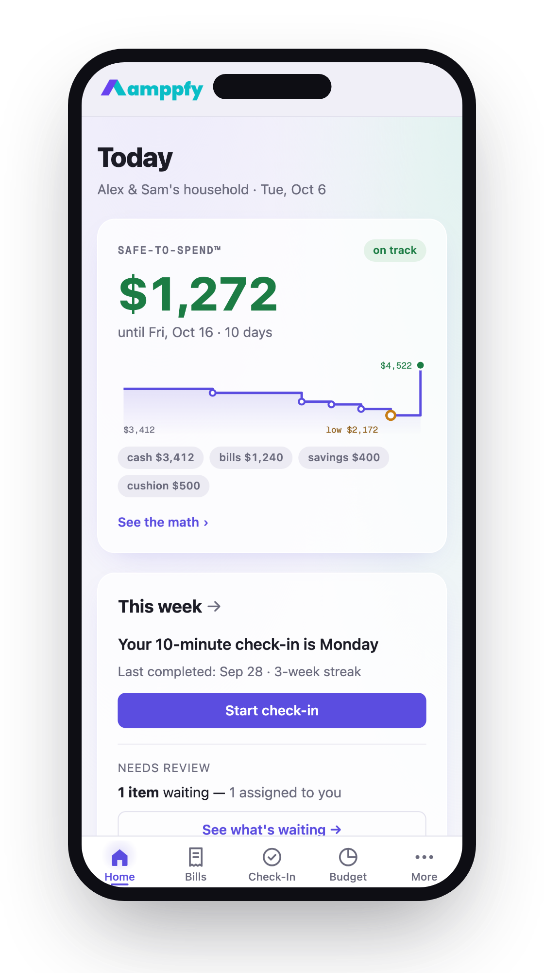 Amppfy on iPhone — one clear number with the math under it