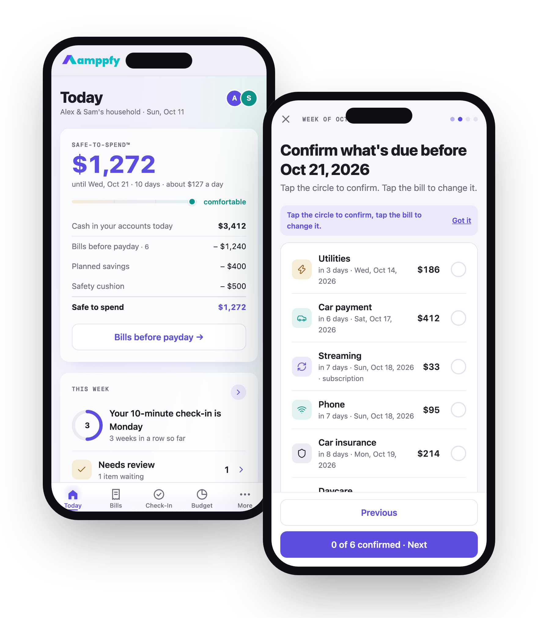 Amppfy iPhone app, two phones: the Today screen with $1,272 safe to spend, and the check-in's confirm step