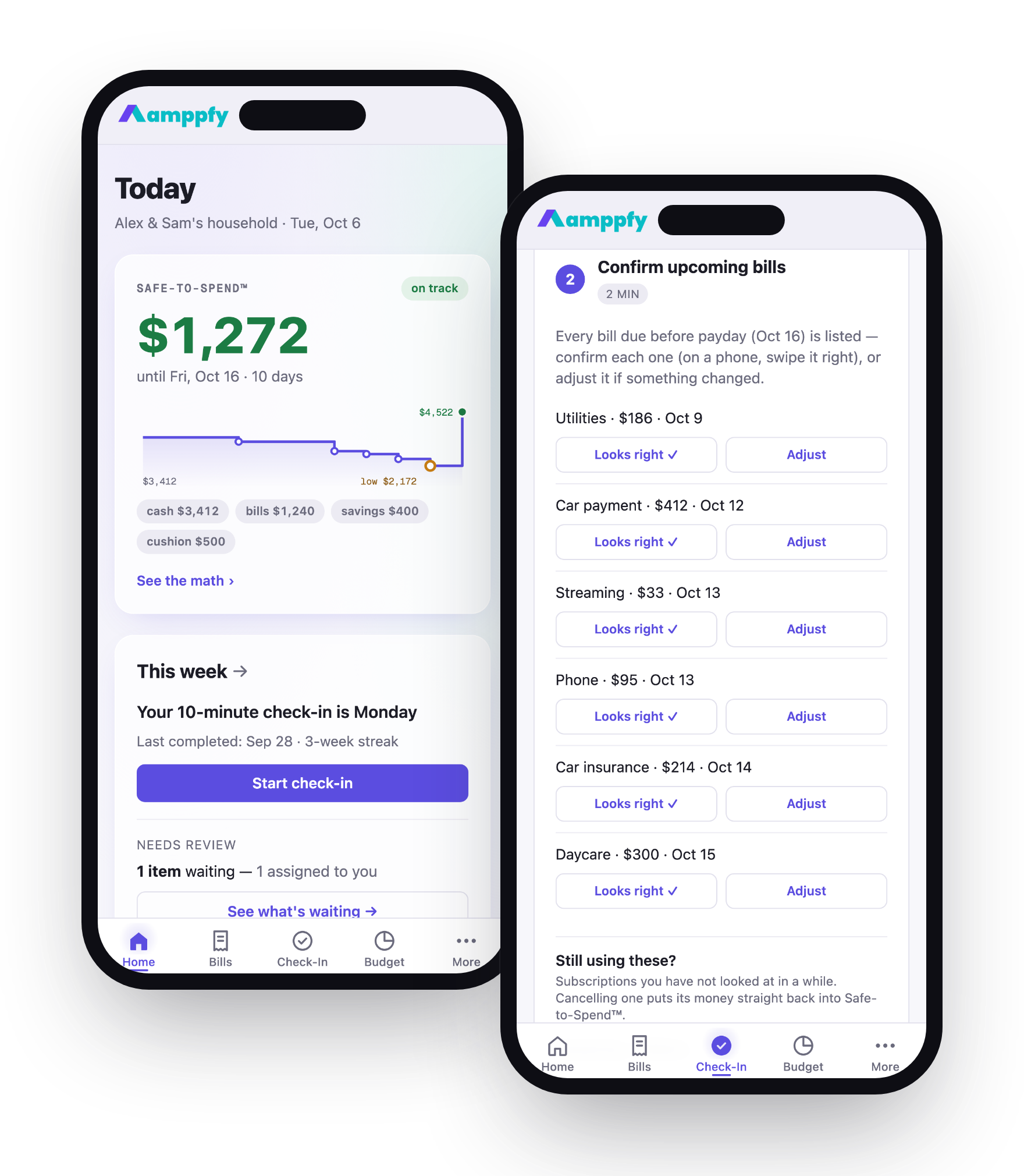 Amppfy iPhone app, two phones: the Today screen with $1,272 safe to spend, and the check-in's Confirm upcoming bills