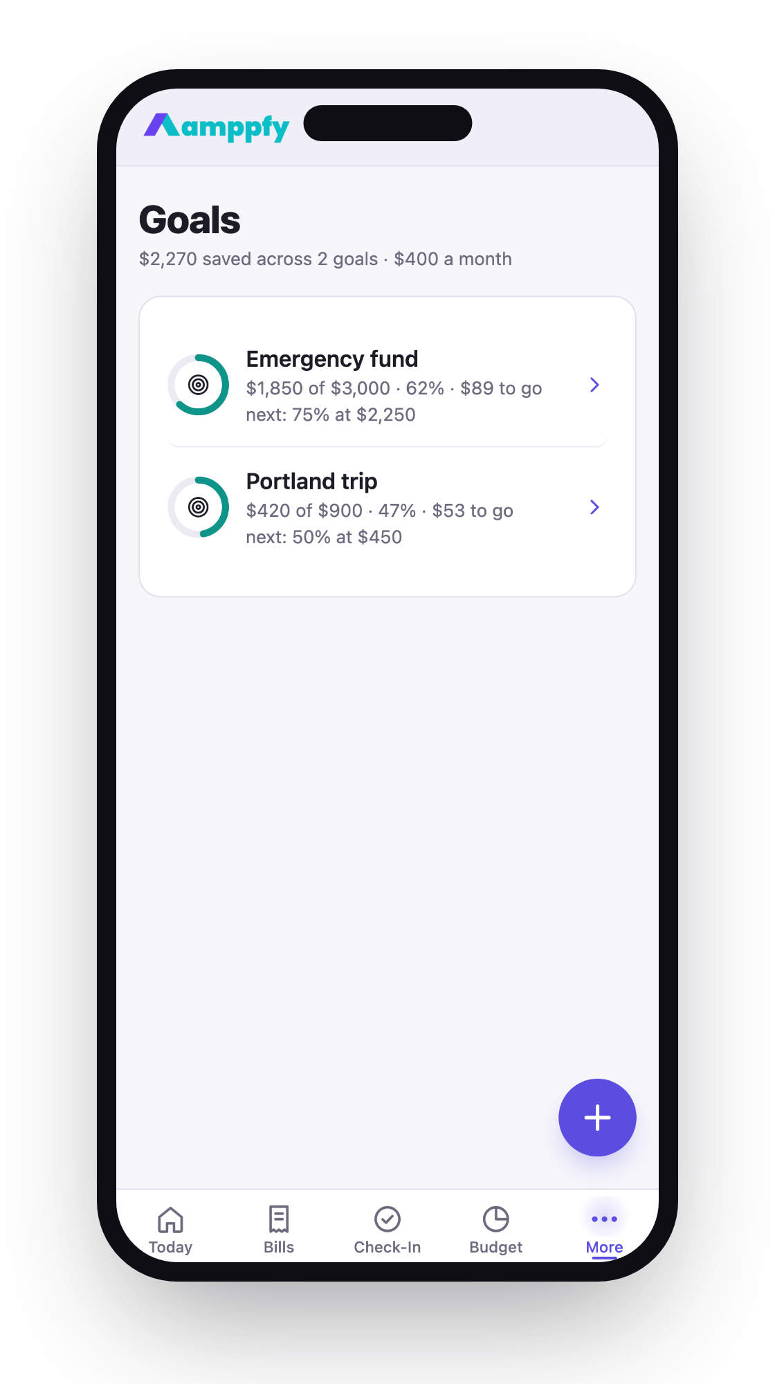 Amppfy iPhone app, the Goals screen with the Emergency fund and Portland trip rings and the next milestone for each