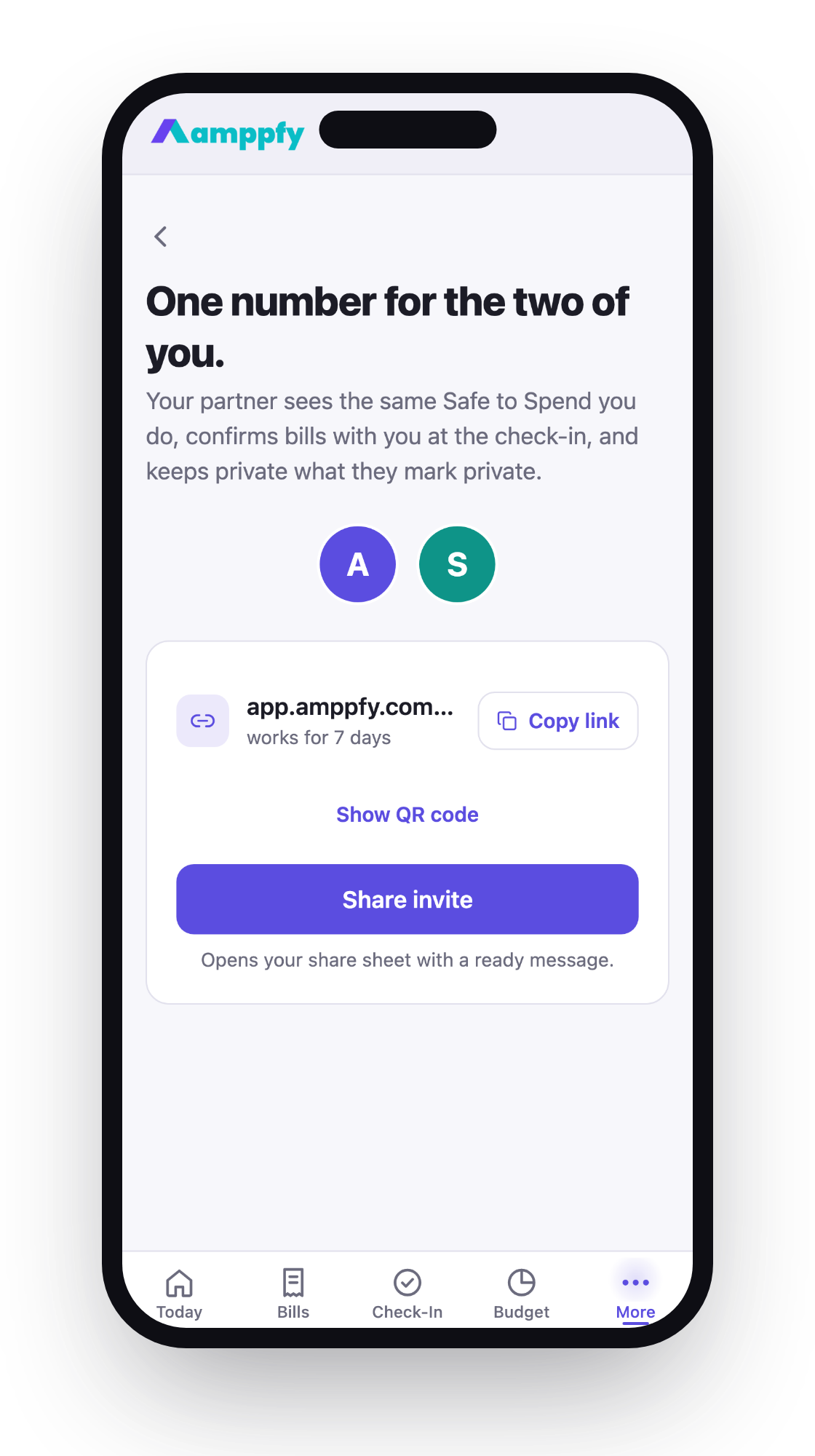 Amppfy iPhone app, the household invite page: One number for the two of you, the invite link and Share invite