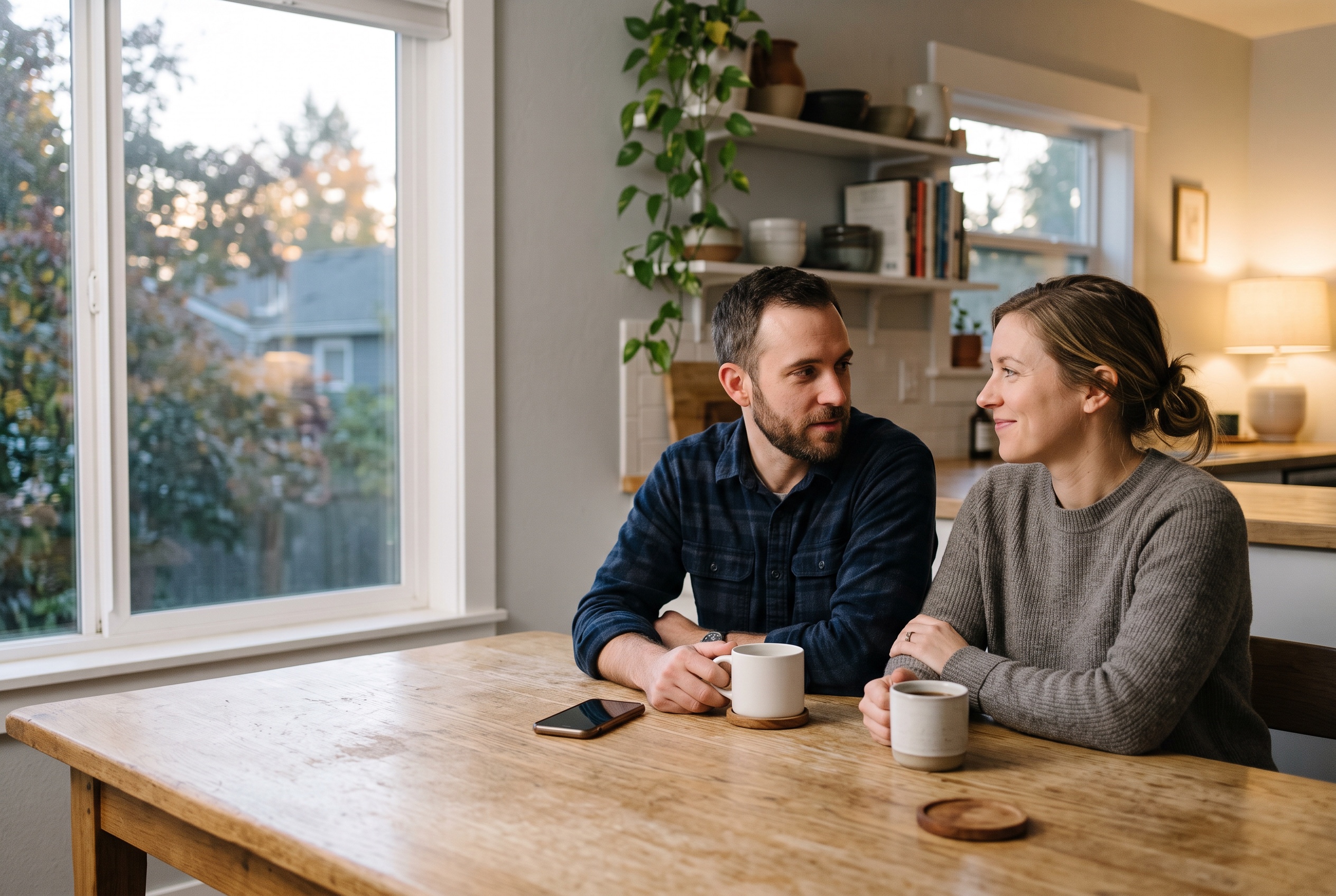 A couple at their kitchen table on a Sunday evening, one phone between them, calm