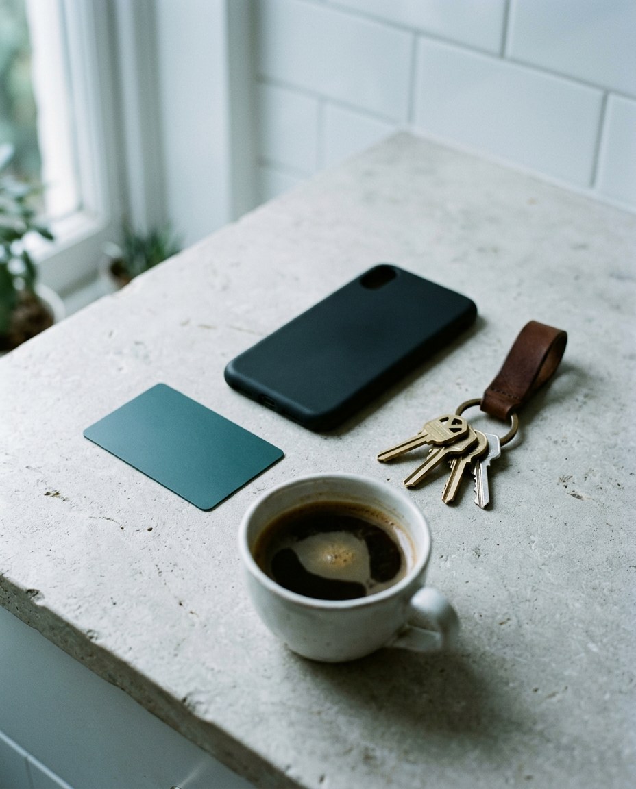 A plain bank card, a phone face-down, keys and a cup of coffee on a kitchen counter
