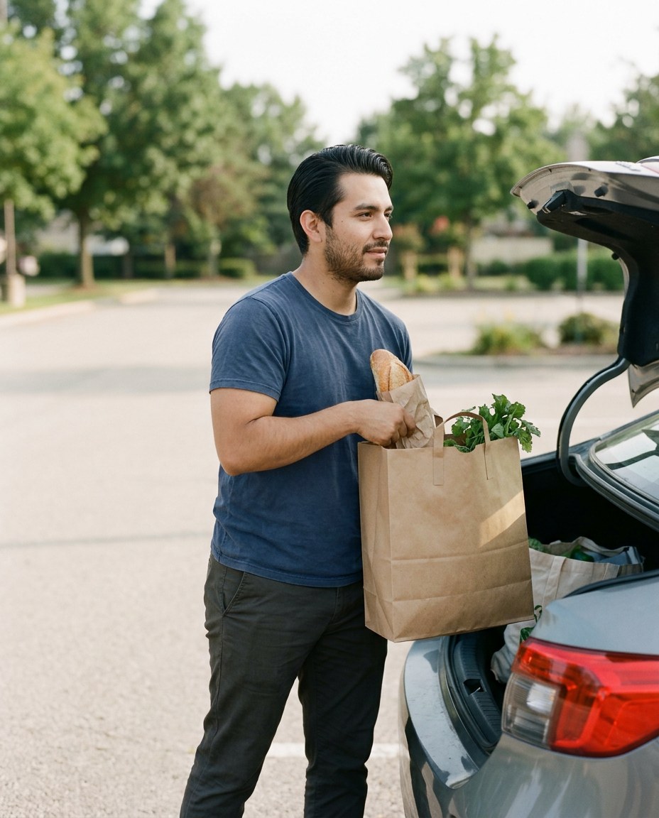 A man loading a paper grocery bag into his car trunk on a bright afternoon