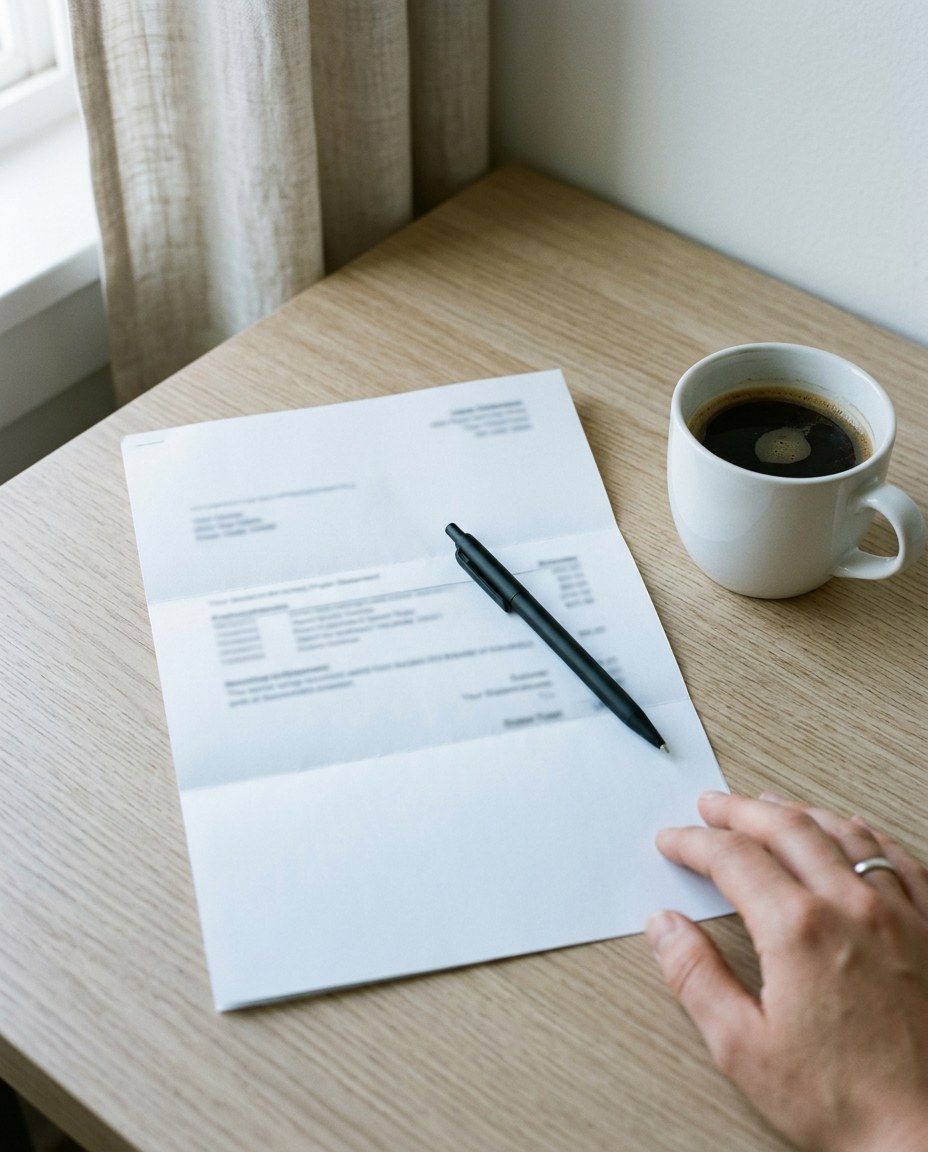 A paper statement and a cup of coffee on a desk by the window, a pen resting on the page