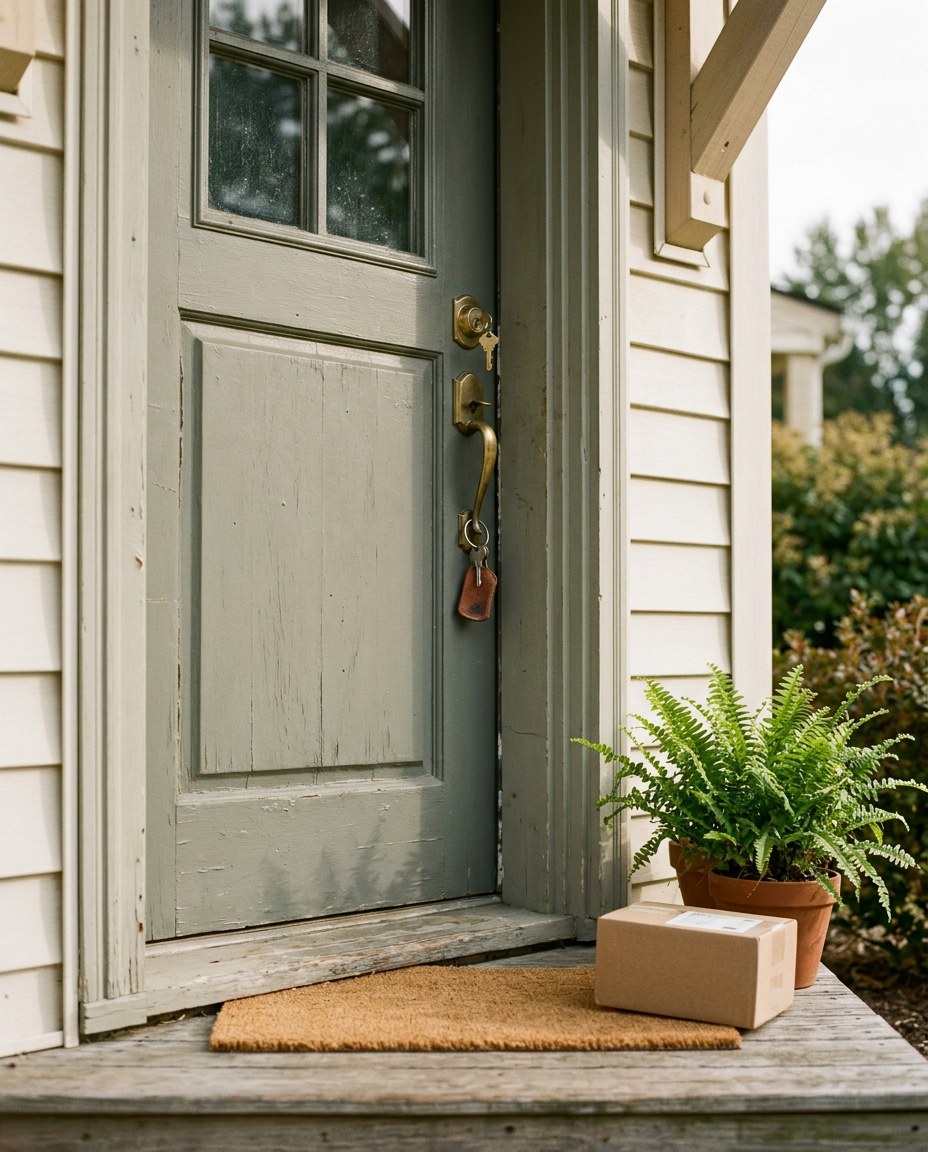 A front door with the keys in the lock, a welcome mat, a cardboard box and a fern on the step
