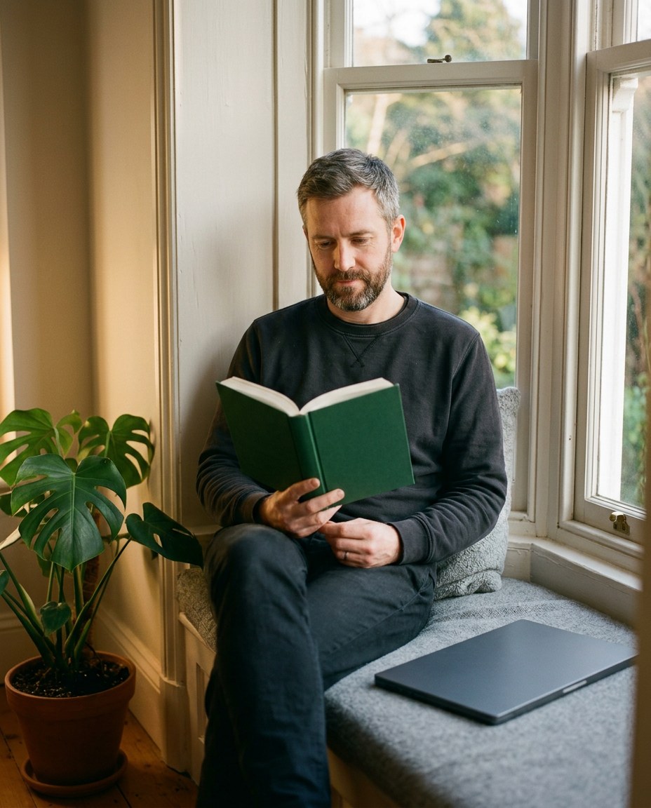 A man reading on a window seat in late-afternoon light, a closed laptop beside him and a plant by the window
