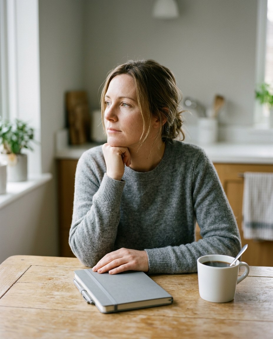 A woman at her kitchen table in the morning, coffee and a closed notebook in front of her, thinking, light brown hair tied back