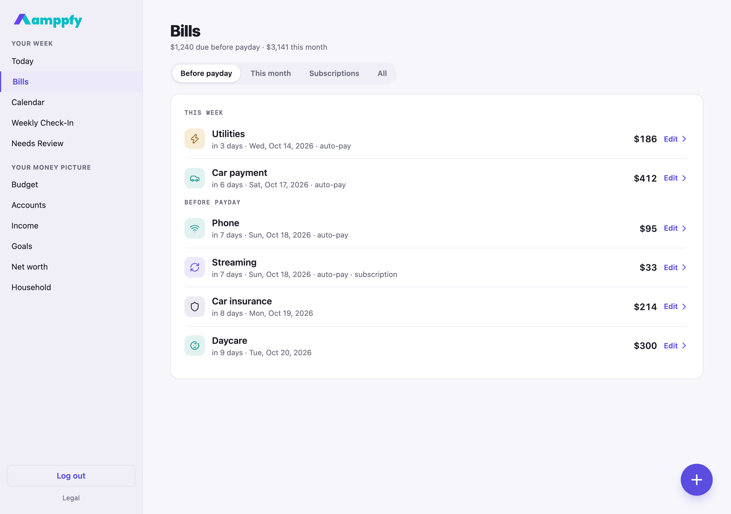 Amppfy web app at desktop size, the Bills screen with the tabs and the bill rows