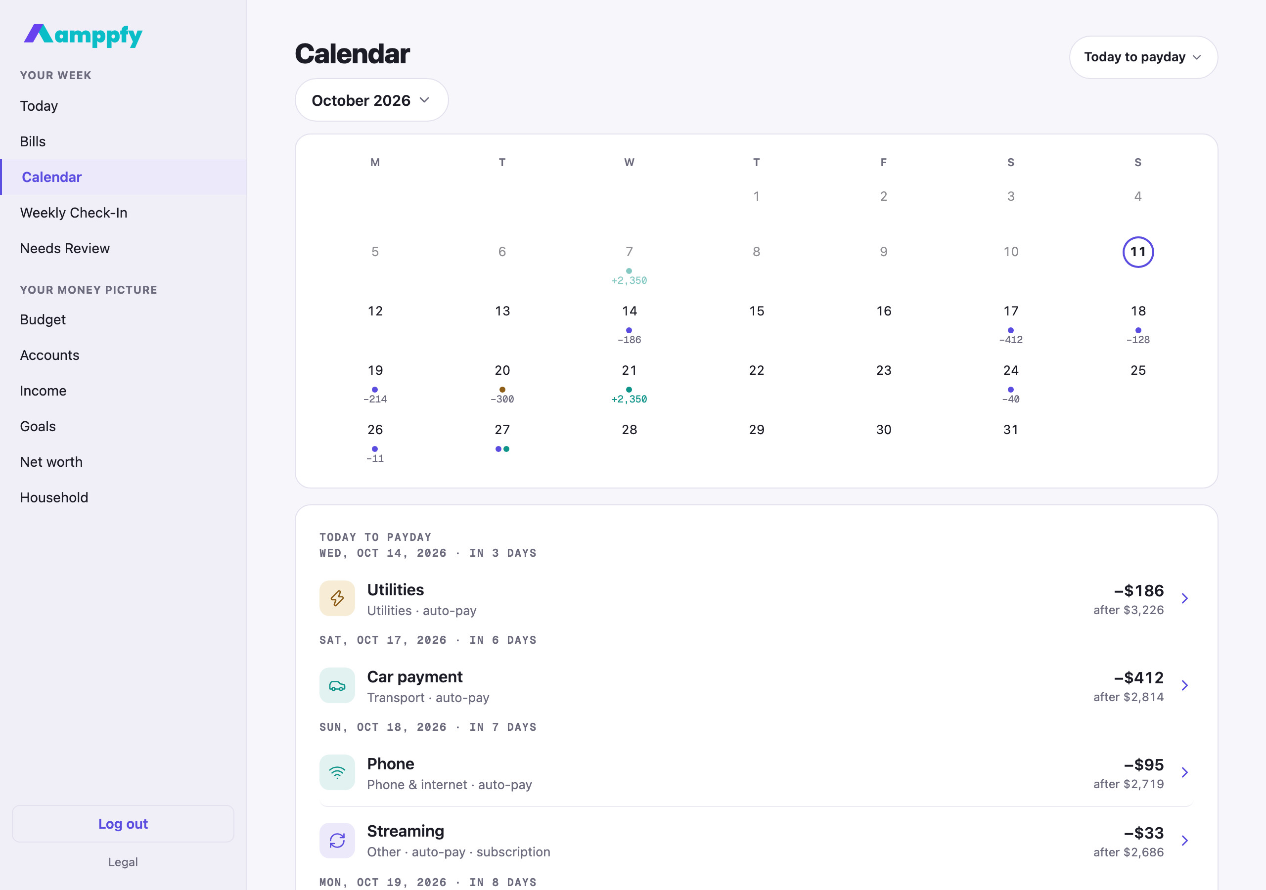 Amppfy web app at desktop size, the Calendar for October with the full month grid and the day panel