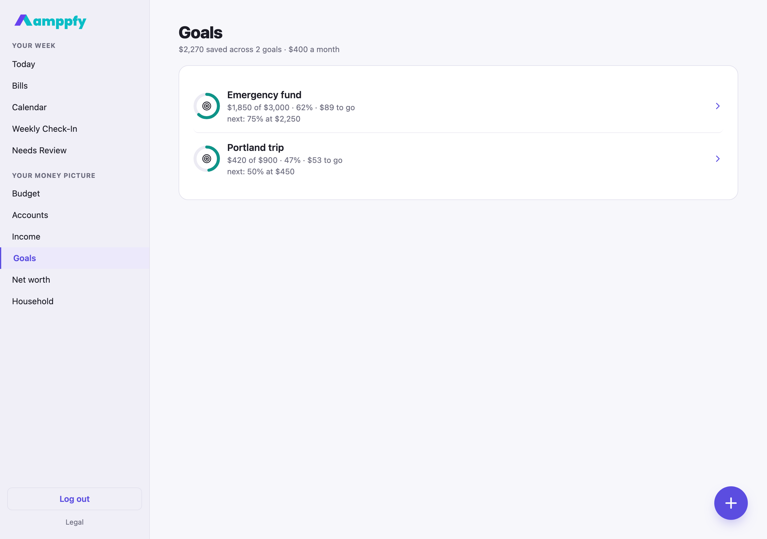 Amppfy web app at desktop size, the Goals screen with the Emergency fund and Portland trip goals
