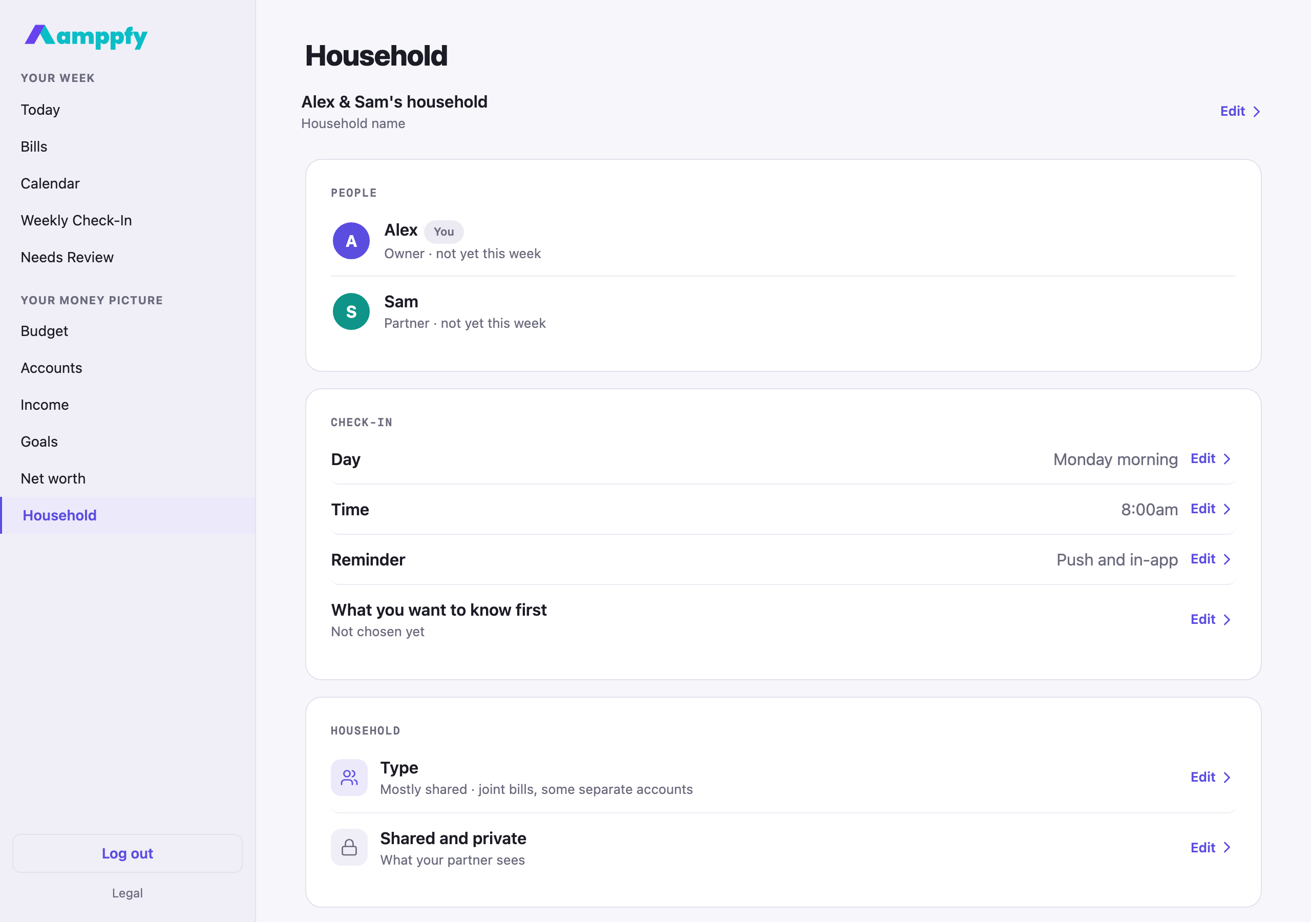 Amppfy web app at desktop size, the Household screen: members, check-in settings and what you want to know first