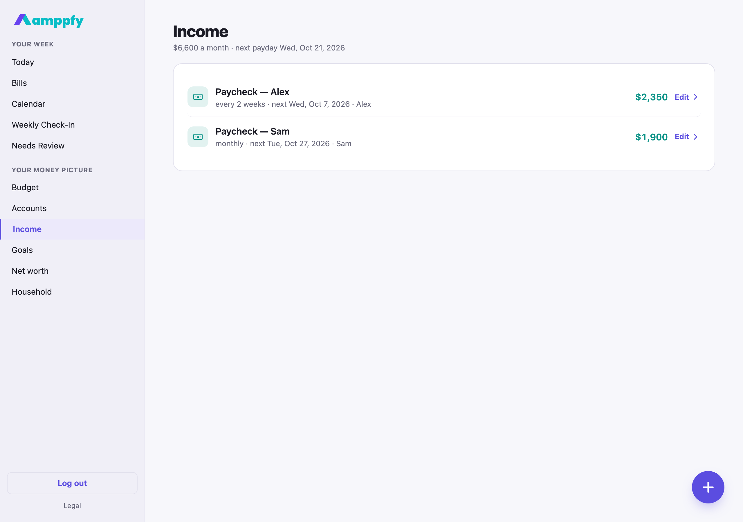 Amppfy web app at desktop size, the Income screen with two paychecks and the next household payday